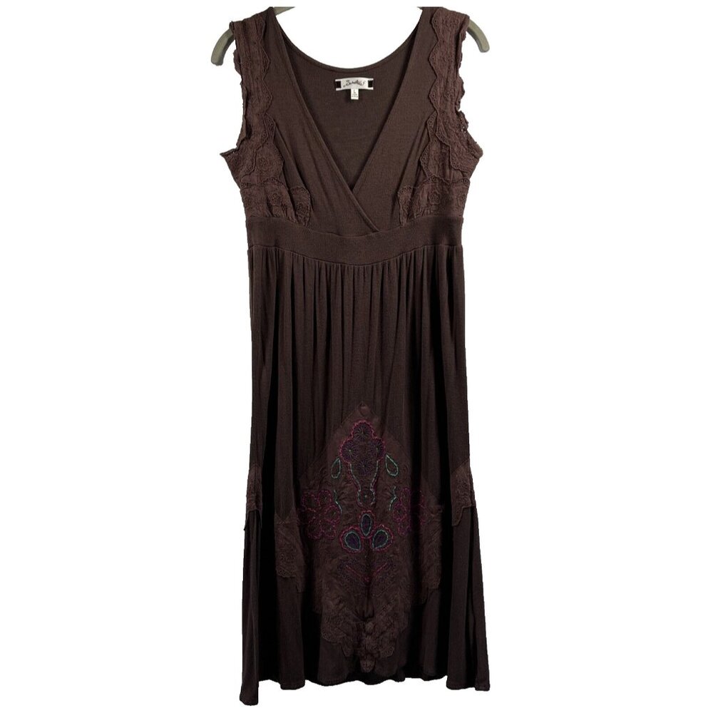 Sweetees Women's Babydoll Dress Size Large Brown Embroidered V Neck Sleeveless